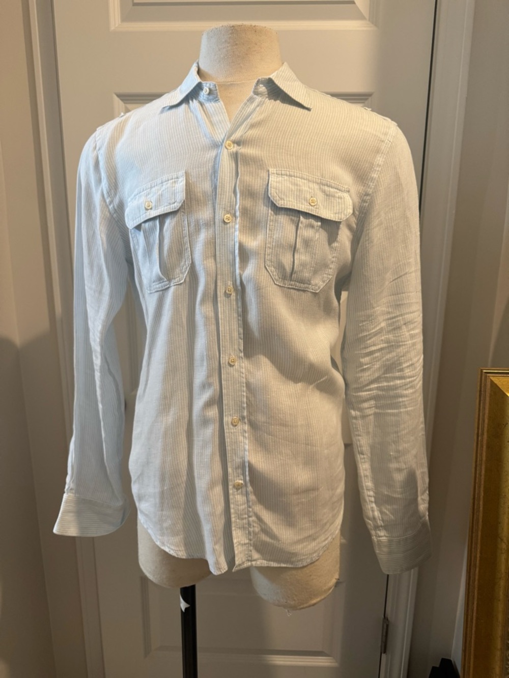 Vince Light Blue Striped Men's Linen Shirt with Chest Pockets Size Medium